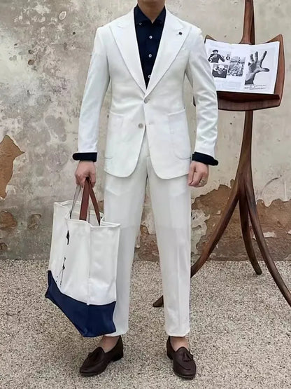 Fashion Mens New Breathable Spring Summer Blazer Pants Two Piece Set Slim Fit Business Casual Work Suit Wedding Party Dress Suit