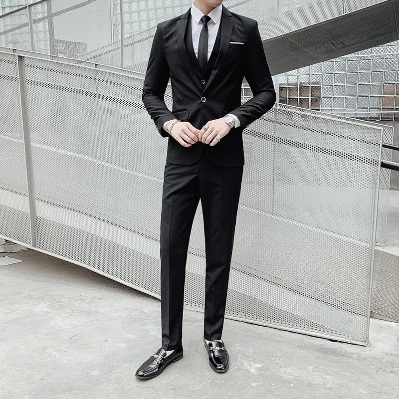 Men's Three-Piece Formal Suit – Solid Color Single-Breasted Blazer, Vest & Pants for Business, Wedding & Banquet