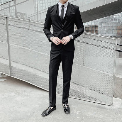 Men's Three-Piece Formal Suit – Solid Color Single-Breasted Blazer, Vest & Pants for Business, Wedding & Banquet