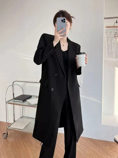 Elegant Women's Basic Solid Color Single Breasted Loose Casual Long Suit Jacket 2025 Spring Autumn Premium Trench Black Coat