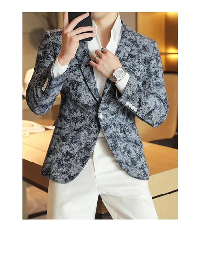 2026 Spring Denim Blue Men's Casual Suit Jacket Korean Slim Blazers Tie-dyed Business Social Jacket Banquet Party Dress Coats