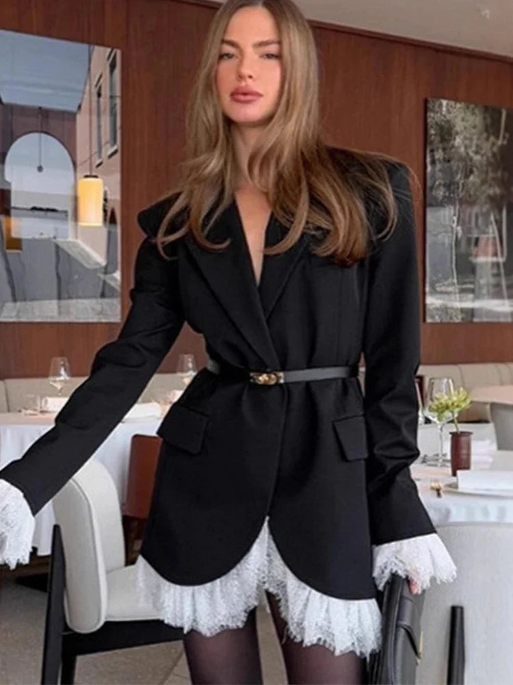 Fall,Winter,European,Clothes,Black suit,Coat,Chic,Sexy,Patchwork,Lace,Pocket,Women,Tops,Long Sleeve,Hot,Jacket,2026,New,6717001