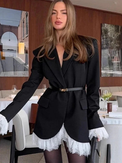 Fall,Winter,European,Clothes,Black suit,Coat,Chic,Sexy,Patchwork,Lace,Pocket,Women,Tops,Long Sleeve,Hot,Jacket,2026,New,6717001