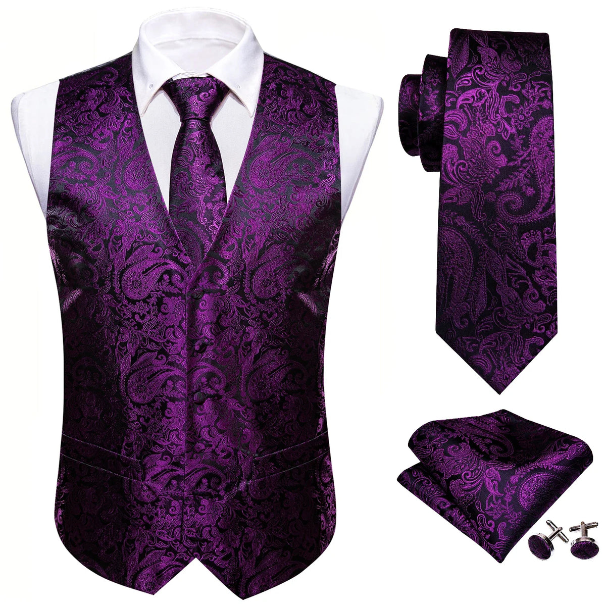 Men's Waistcoat Purple Embroidered Silk Vest with Tie and Pocket Square for Weddings and Formal Events