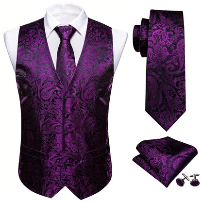 Men's Waistcoat Purple Embroidered Silk Vest with Tie and Pocket Square for Weddings and Formal Events