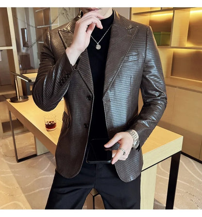 Korean Waffle Leather Suit Jacket Men's Business Casual PU Leather Blazer Slim Fit Wedding Groom Office Social Formal Coats 2026
