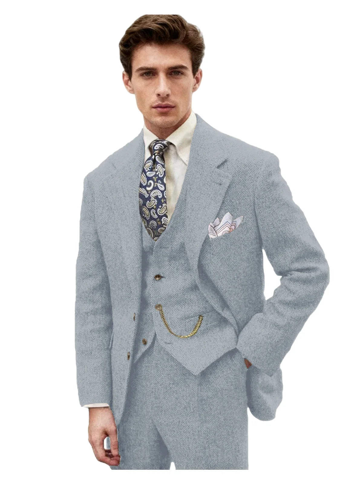 3 Piece Grey/Brown Mens Tweed Herringbone Wedding Suit Prom Tuxedos Peak Lapel Tweed for Business Slim Fit (Blazer+Vest+Pants)