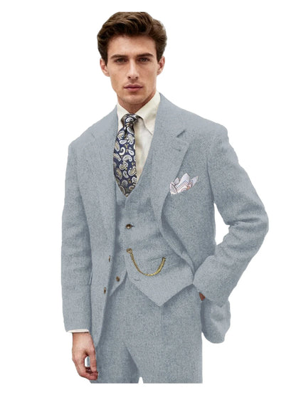 3 Piece Grey/Brown Mens Tweed Herringbone Wedding Suit Prom Tuxedos Peak Lapel Tweed for Business Slim Fit (Blazer+Vest+Pants)