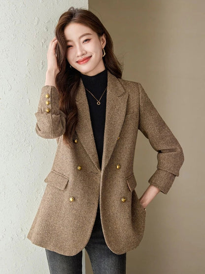 Fashion Grey Blazer Women Coffee Long Sleeve Casual Jacket for Autumn Winter Female Coats Double-Breasted Suit Women’s Clothing