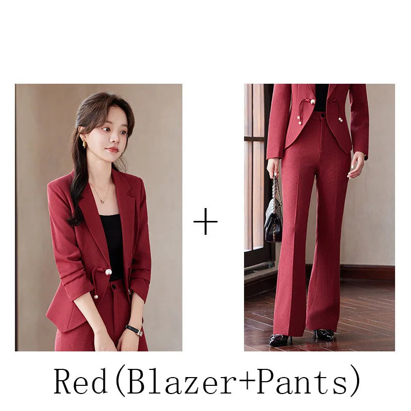 Elegant National Style Buckle Pants Suit  2024 Autumn New Professional Temperament Slim Blazer And Pants Office Ladies Work Wear
