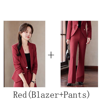 Elegant National Style Buckle Pants Suit  2024 Autumn New Professional Temperament Slim Blazer And Pants Office Ladies Work Wear