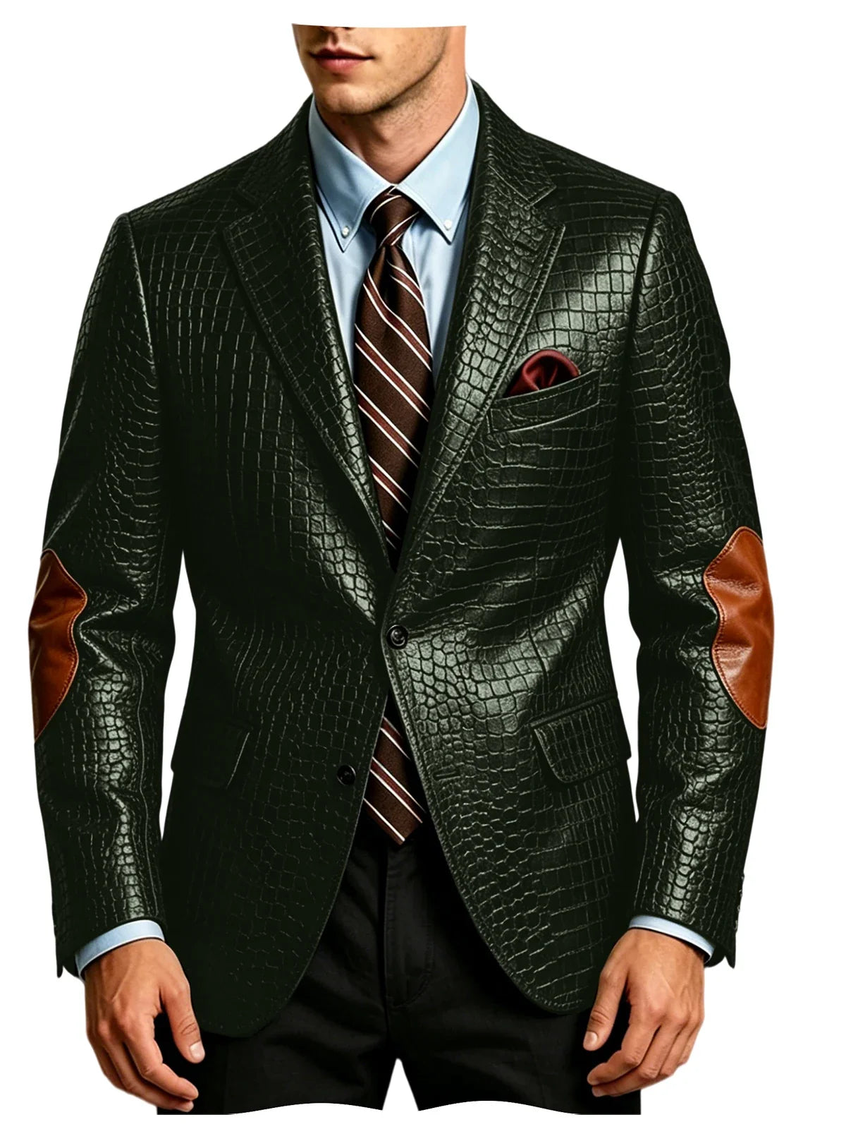 Men's Faux Leather Blazer  Crocodile Pattern Printed Sports Coat Jacket with Elbow Patch  For Party Prom Banquet Wedding Office