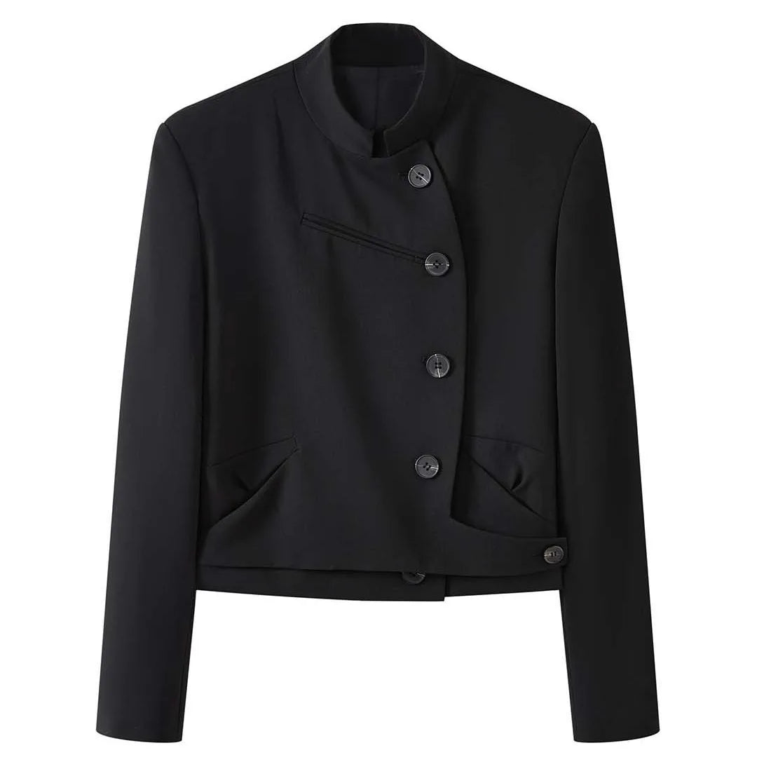 2026 Spring Autumn Stand Collar Slanted Placket Short Blazer Staggered Patchwork Women's Jacket Black