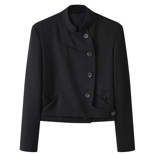 2026 Spring Autumn Stand Collar Slanted Placket Short Blazer Staggered Patchwork Women's Jacket Black