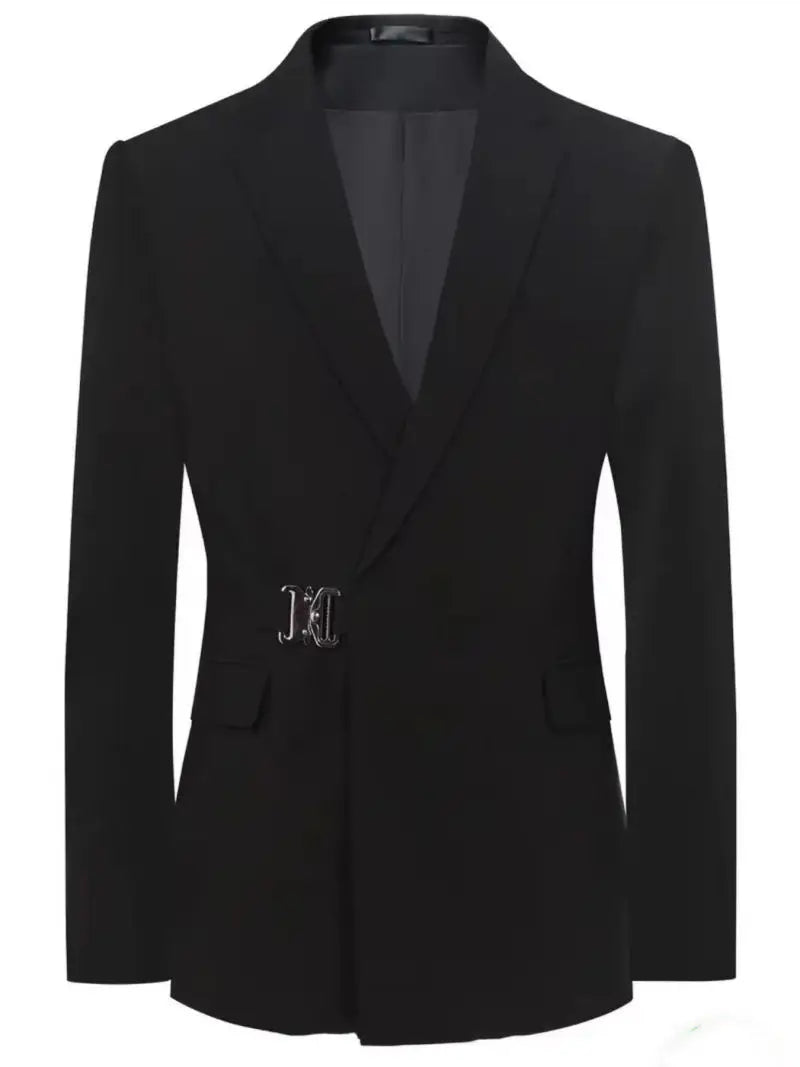 Vintage Men's Metal Buckle Designer Blazer Masculino Gentleman Slim Fit Business Performance Suit Elegant Black Jacket Coats