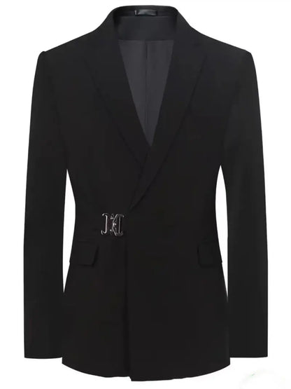 Vintage Men's Metal Buckle Designer Blazer Masculino Gentleman Slim Fit Business Performance Suit Elegant Black Jacket Coats