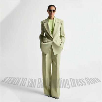 Professional Women 2 Piece Suit Set Peak Lapel Single Button Straight Leg Elegant Business Office Formal Outfit Jacket Pants