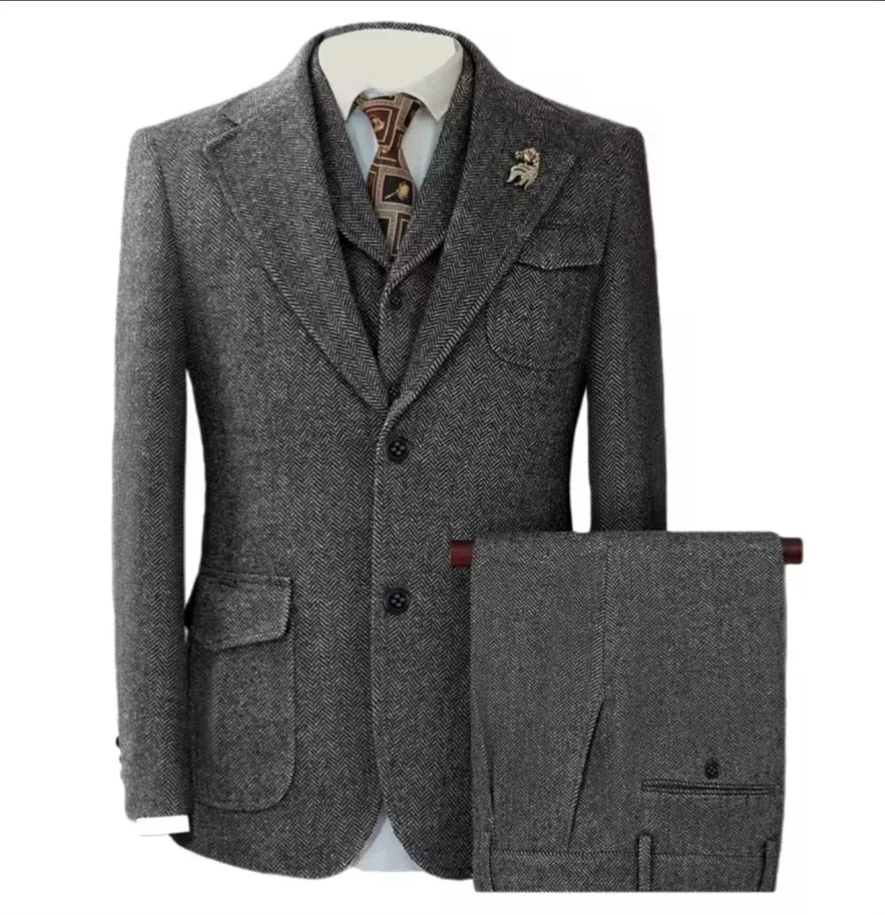 Men's Herringbone 3-Piece Suit Set – Jacket, Vest & Pants for Weddings & Formal Occasions