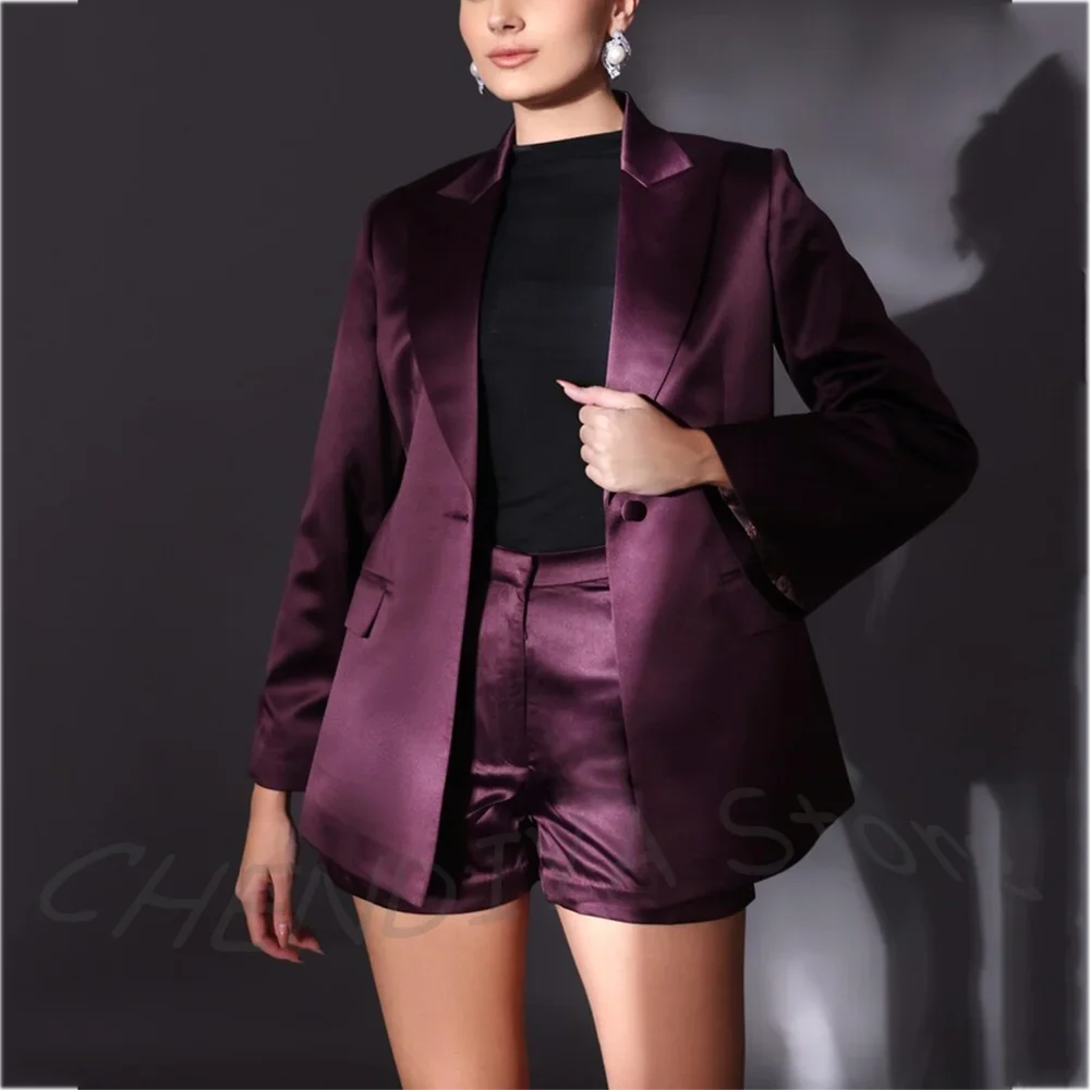 Business Formal Women Suit Elegant Satin Peak Lapel Jacket With Short Pants High Quality Smart Casual Suit Set Two Pieces