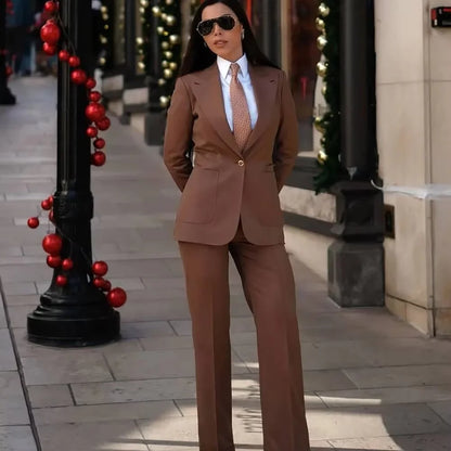 Classic Brown 2 Piece Suit Professional Single Breasted Women's Formal Peak Lapel Jacket Pants Set Casual Daily Customized Prom