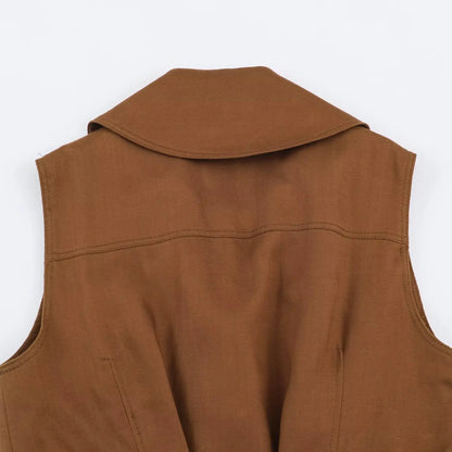 2026 Vintage Fashion Brown Sleeveless Trench Vest Lapel Collar Belted Waist Drawstring Sleeveless Waistcoat With Pockets