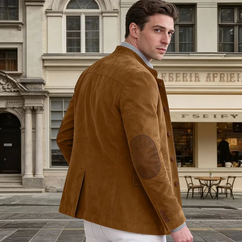 Vintage Men's Suede Blazer Elbow Patch Slim Fit Mandarin Collar Textured Fabric Jacket Business Casual Wedding Party Coat