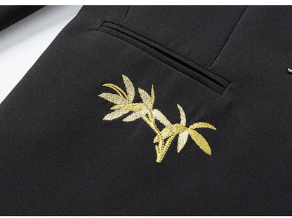 Blazer Hombre Men Luxury Clothing Oversized Chinese Style Golden Bamboo Embroidery Metal Buckle Elegant Suit for Man Jacket Coat