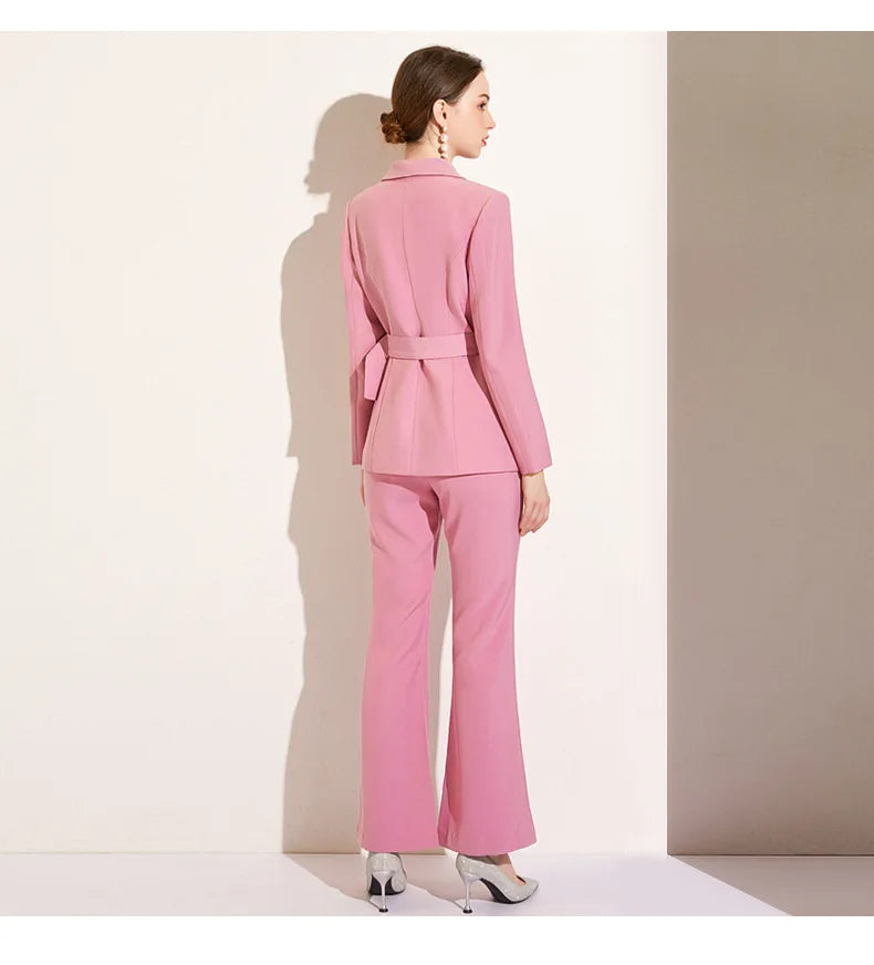 High Quality Women Belt Business Attire blazers Trousers Suits Set 2 Piece Elegant Slim Fit Pink Formal Office Lady Blazer Suits