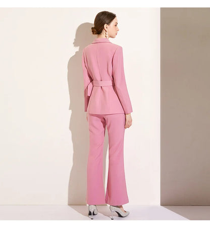 High Quality Women Belt Business Attire blazers Trousers Suits Set 2 Piece Elegant Slim Fit Pink Formal Office Lady Blazer Suits