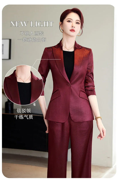 High Quality Women Purplish Red Pant Suit Female Solid Single Button Blazer and Trouser 2 Piece Set For Office Ladies Work Wear