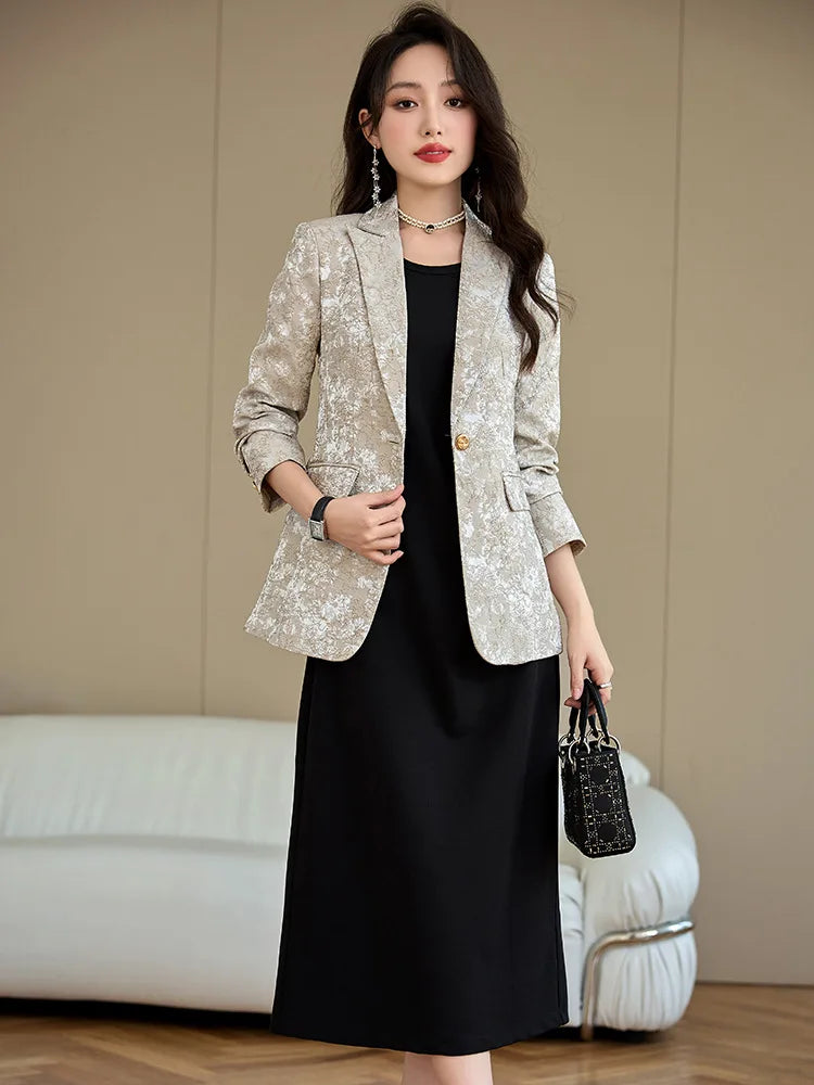 Fashion Apricot Printing Women Pant Suit Elegant Business Office Ladies 2 Piece Set Female Formal Blazer And Trouser