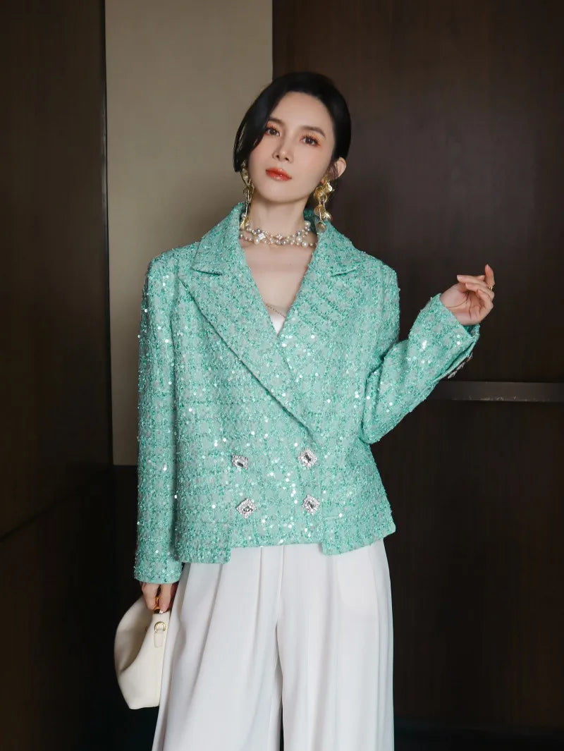 Elegant Women Spring Sequined Tweed Jacket Fashion Office Lady Doubil Breasted Short Coat Turn Down Collar Long Sleeve Outerwear