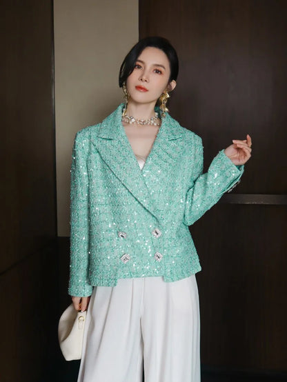 Elegant Women Spring Sequined Tweed Jacket Fashion Office Lady Doubil Breasted Short Coat Turn Down Collar Long Sleeve Outerwear