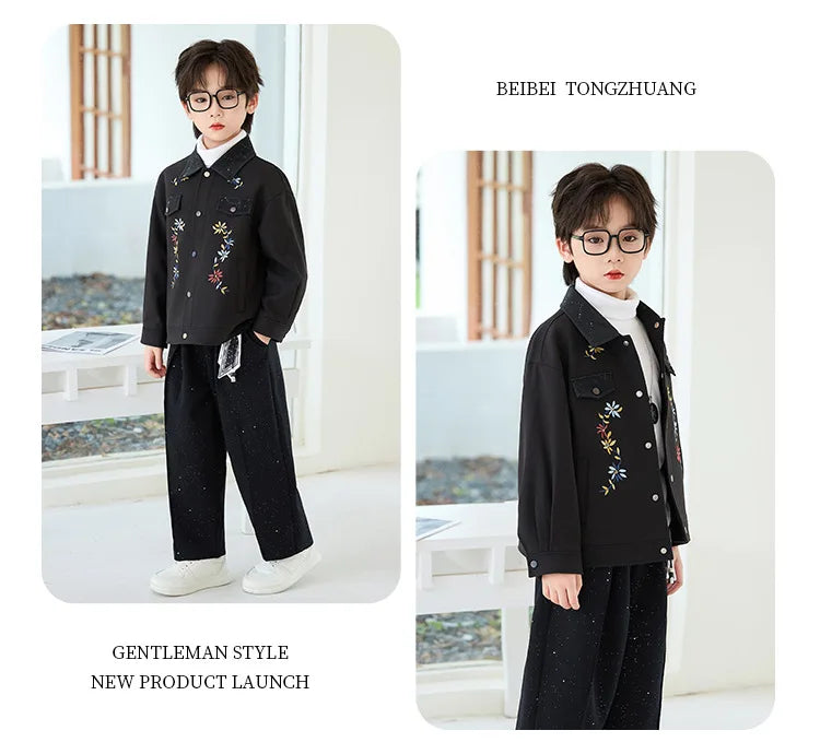 2026 New Autumn Winter Boys' Embroidered Suit Set 90-170 Children's Casual Jackets Pants 2Pieces Clothing Set