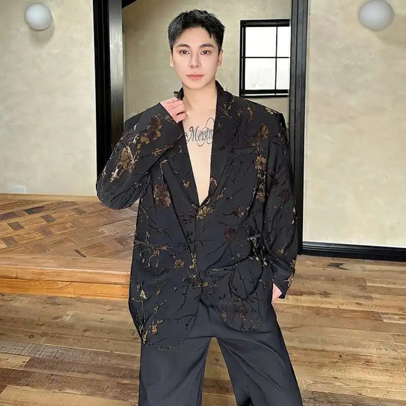 Jacquard Design Casual Suit Jacket High Street Personalized Stylish Loose Blazers Coat Elegant Korean Men Clothing LZ5013