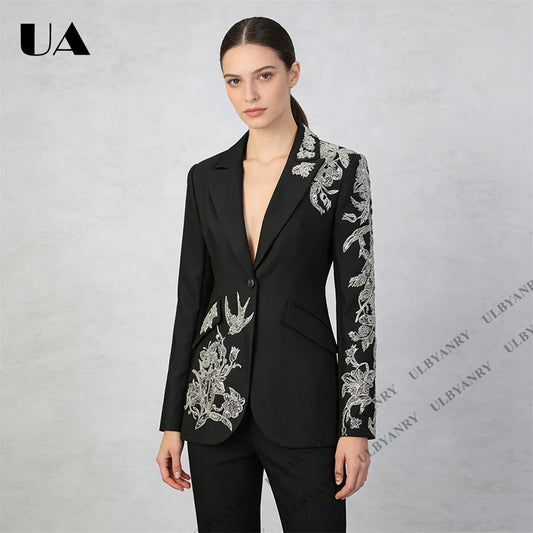 Women’s Black Blazer with Silver 3D Floral Embroidery Elegant One Button Jacket Beaded etailing Suit for Events