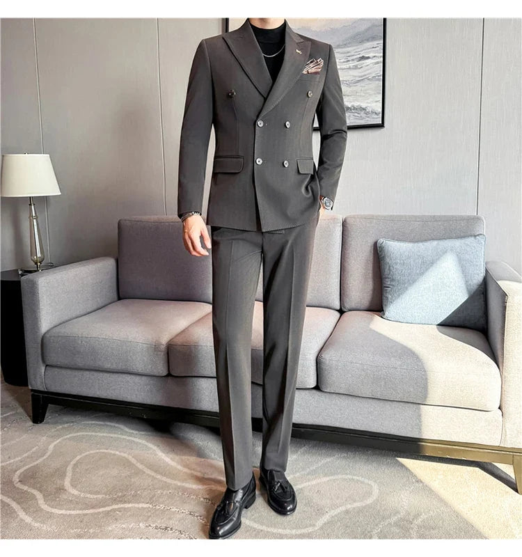 (Jackets+Pant) High Quality Dark Striped Double Breasted Suit Luxury Men Fashion Elegant Tuxedo Formal Groom Wedding Social Suit