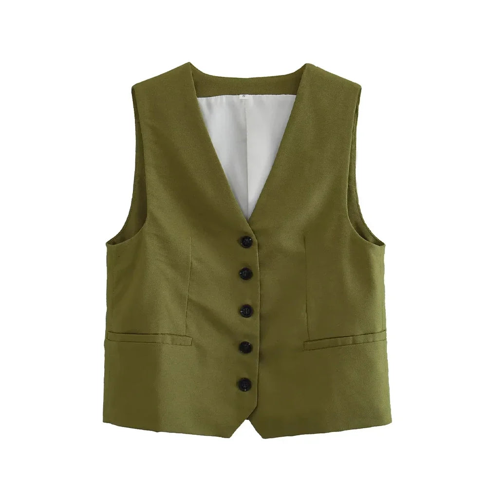 Women Fashion Front Button Linen Blend Waistcoat Vintage V Neck Sleeveless Female Outerwear Chic Vest Tops