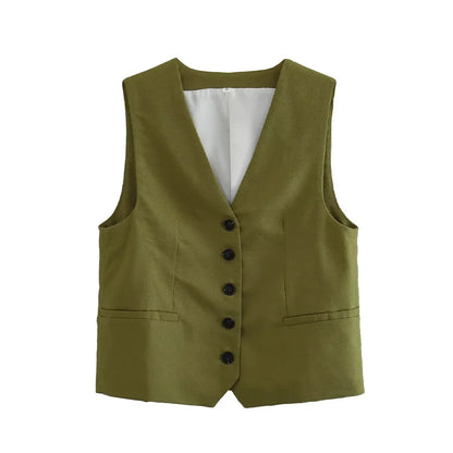 Women Fashion Front Button Linen Blend Waistcoat Vintage V Neck Sleeveless Female Outerwear Chic Vest Tops