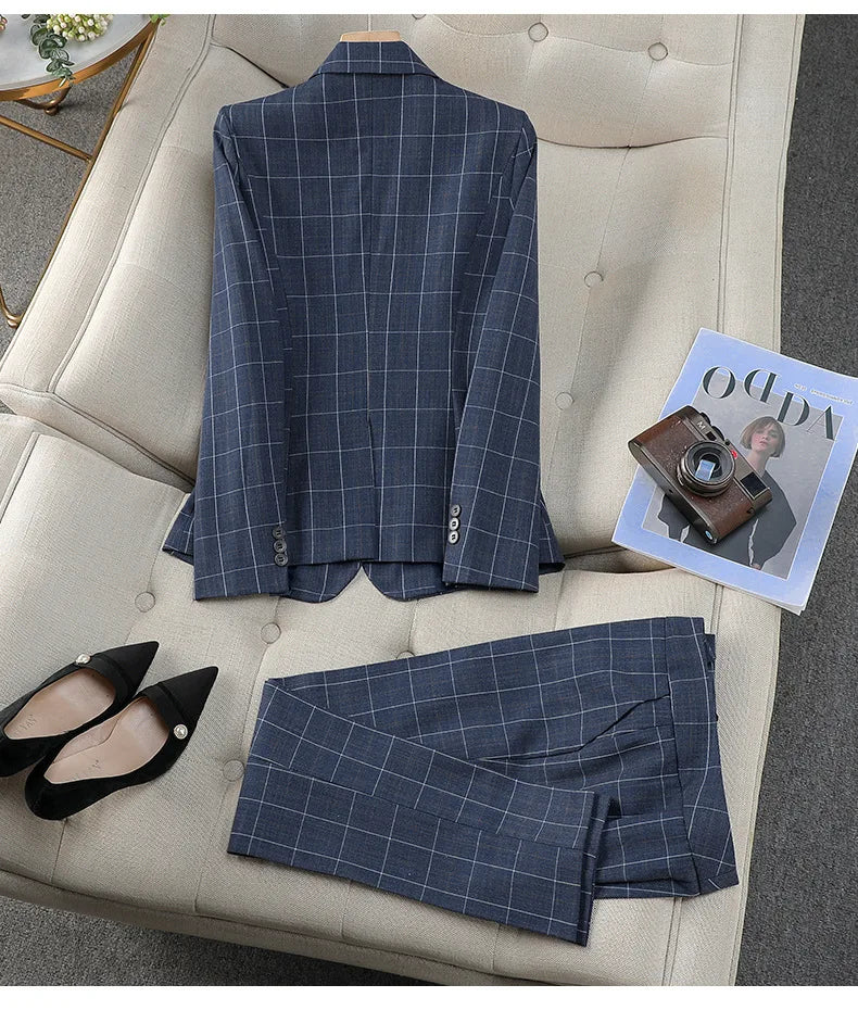 Apricot Plaid Pant Suits for Women Blazer British Style Capable Fashionable High-end Professional Clothing OL Clothes Suit Pants