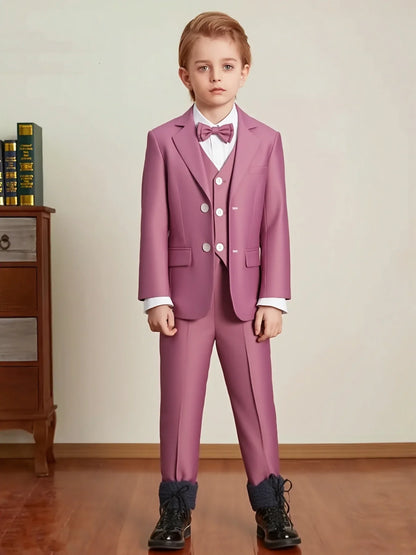 Boys Wedding Party Dress Children Performance Costome Kids New Year Red 4Pieces/Set Jacket Vest Pants Bowtie Photography Suit