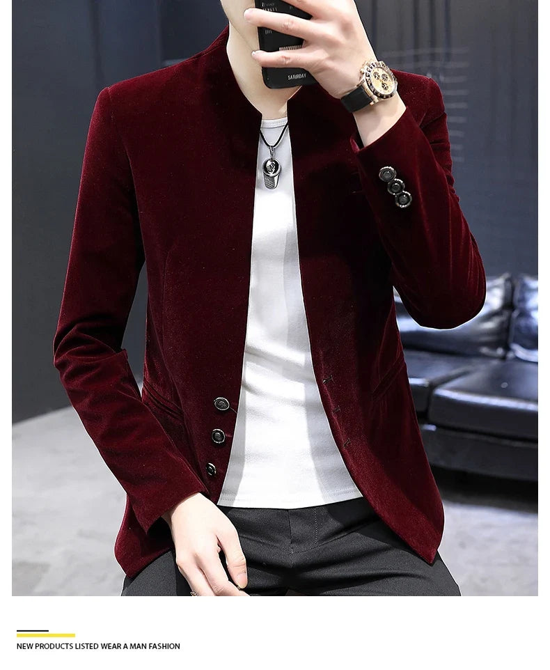 Slim Fit Velvet Yuan Collar Shirt Korean Style Fashion Trend Handsome Canary Boutique Coat New Version Small Yuan Collar Suit