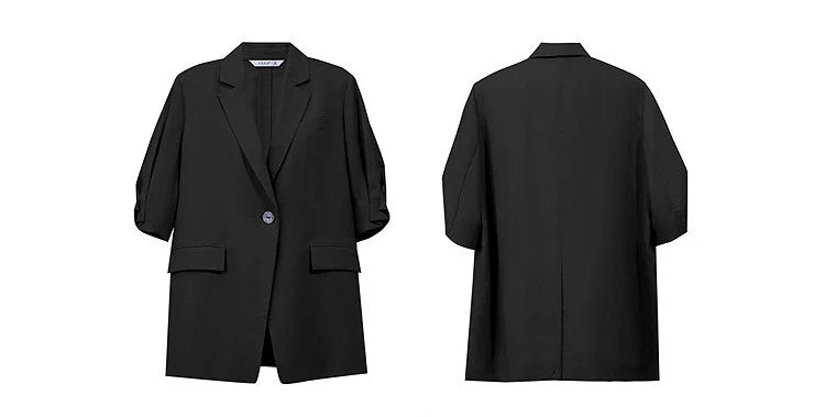 Women's Blazer 2026 Summer New Notch Lapel Linen Blend Pleated Half Sleeve Jacket Casual Office Midi Length Coat 12642184