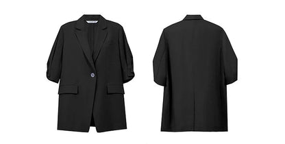 Women's Blazer 2026 Summer New Notch Lapel Linen Blend Pleated Half Sleeve Jacket Casual Office Midi Length Coat 12642184