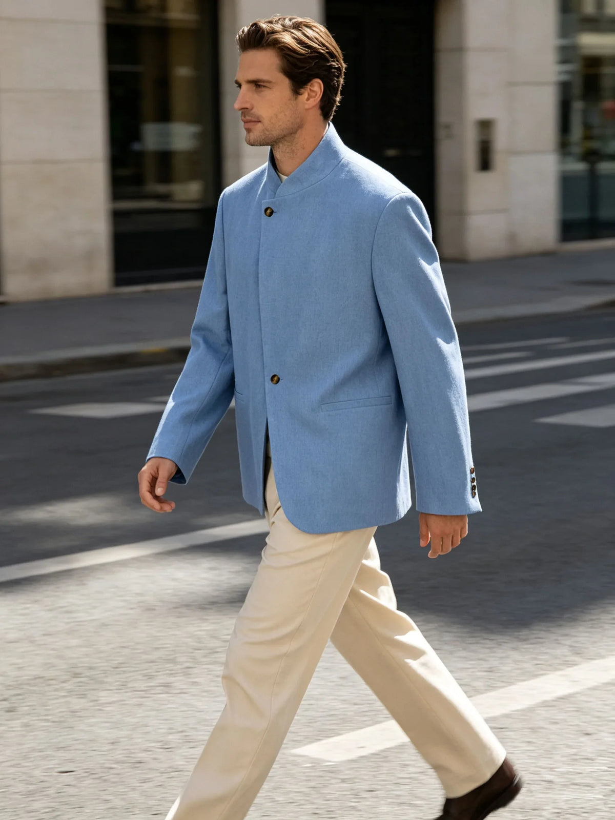  Mandarin Collar Men‘s Blazer Linen Blend Chinese Stand Collar Men Jacket Asymmetric Button Breathable Men Coat Wedding Party