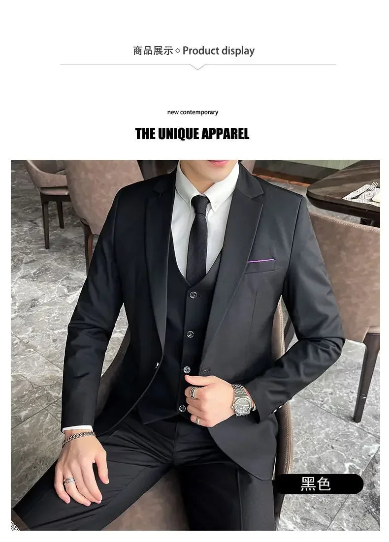 Suit (Blazer + Vest + Pants) Men's Smart Casual Business Formal Korean Style Banquet Suit