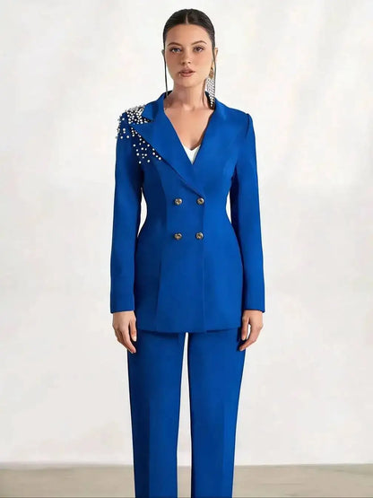 Classic Blazer 2 Pieces Suits Plus Size Pearls Double Breasted Women Wedding Guest Mother Set Customized Party Office Outfit