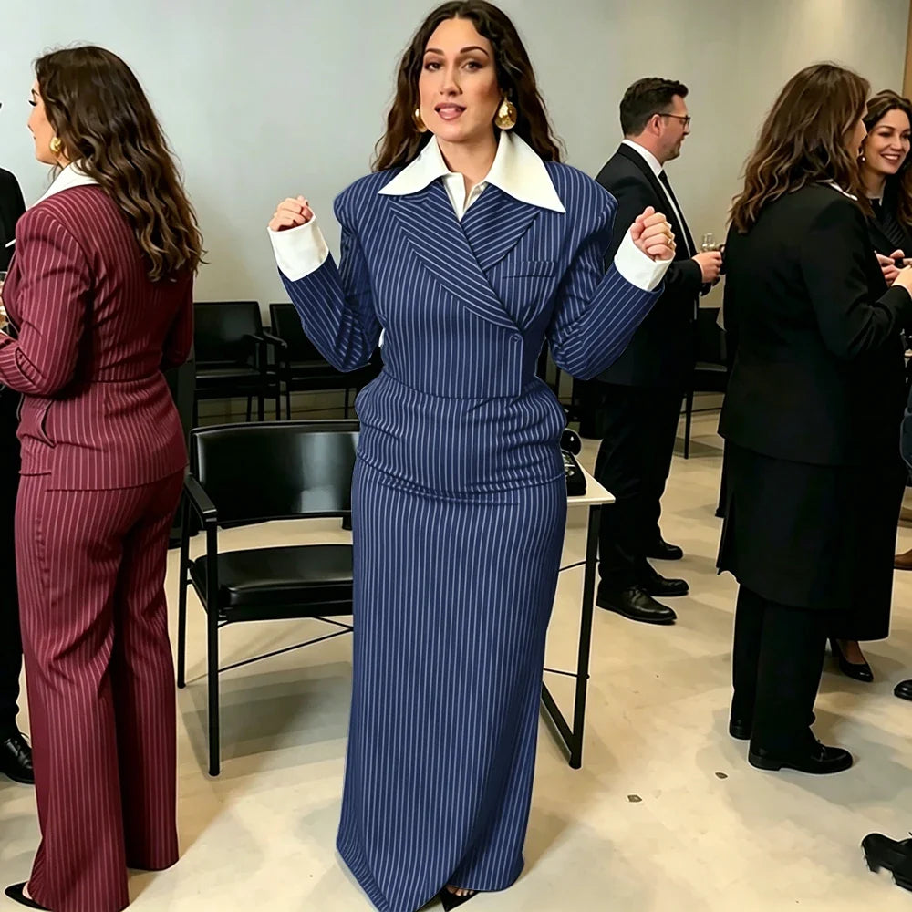 Navy Blue Pinstripe Women's Jacket Skirt 2 Piece Set Formal Single Breasted Evening Party Clothing Wedding Guest Outfit