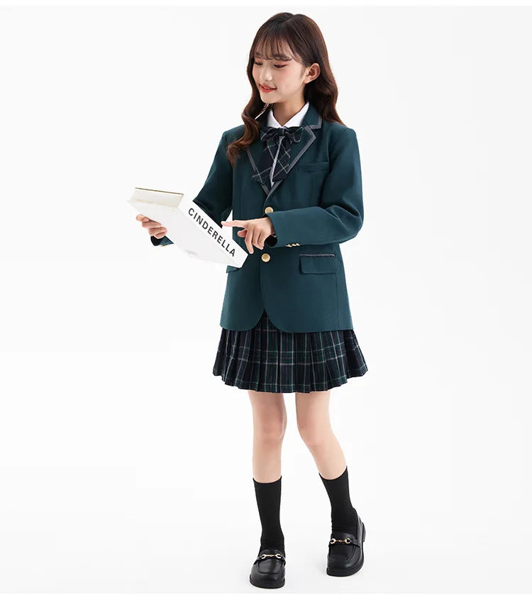 Boys Green Blazers Pants School Uniform Girls Jacket Skirt Shirt Tie Suits Kids Formal Dress Tuxedo Children Student Clothes Set