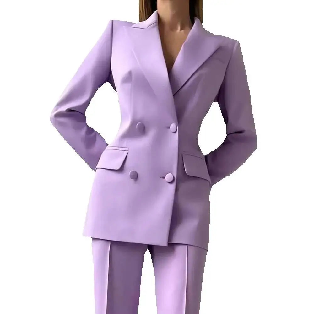 Women 2 Piece Suits Sets Elegant Peak Lapel Double Breasted Outfits Daily Casual Chic Female Suit (Jacket+Pants) Customized